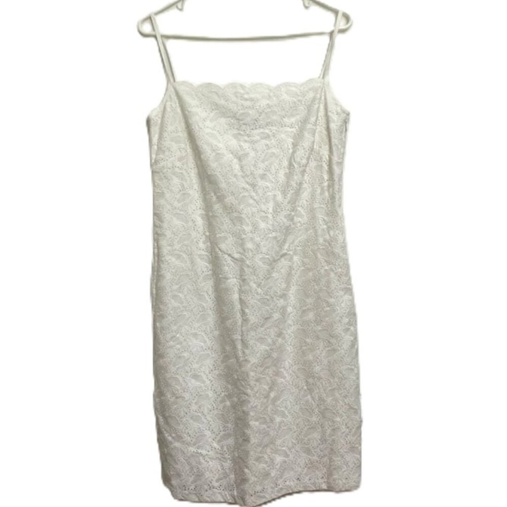 Ann Taylor Loft White Eyelet Cami Dress Women's 6 Cotton Lined Scalloped Neck